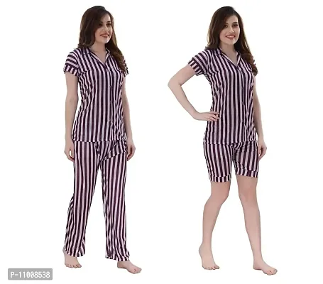 Romaisa Women's Satin Printed Nightsuit Regular Length Top and Pyjama with Shorts (PT209-329_Magenta_Free Size) (Nightsuit Set Pack of 3)-thumb4