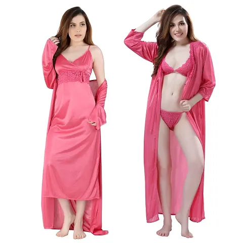 Romaisa Women's Satin Solid Maxi Length Nighty, Wrap Gown, Bra and Thong _Nightwear Set Pack of 4_Free Size
