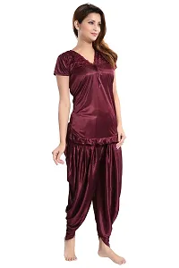 Romaisa Women's Satin Solid Nightsuit Regular Length Top with Pyjama (PT147-424_Brown_Free Size)-thumb2