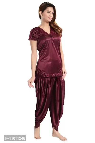 Romaisa Women's Satin Solid Nightsuit Regular Length Top with Pyjama (PT147-424_Brown_Free Size)-thumb3