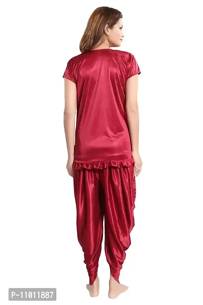 Romaisa Women's Satin Solid Nightsuit Regular Length Top with Pyjama (PT145-333_Maroon_Free Size)-thumb2