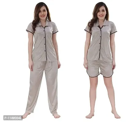 Romaisa Women's Satin Solid Nightsuit Regular Length Top and Pyjama with Shorts (PT202-325_Gray_Free Size) (Nightsuit Set Pack of 3)