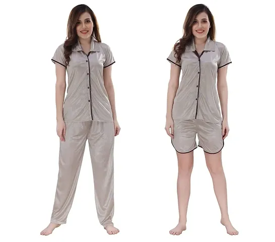 Women's Satin Solid Regular Length Top and Pyjama with Shorts (Free Size)
