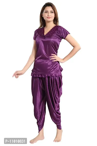 Romaisa Women's Satin Solid Nightsuit Regular Length Top with Pyjama (PT144-361_Indigo Purple_Free Size)-thumb0