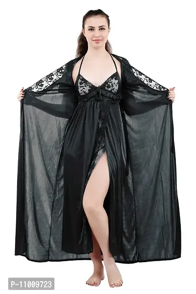 Romaisa Women's Satin Solid Maxi Length Nighty with Robe (RN286-308, Black, Free Size, Nightwear Set Pack of 2)-thumb0