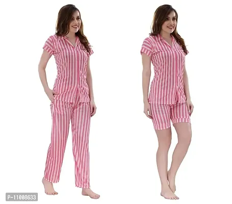 Romaisa Women's Satin Printed Nightsuit Regular Length Top and Pyjama with Shorts (PT208-375_Pink_Free Size) (Nightsuit Set Pack of 3)-thumb4