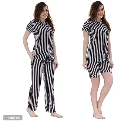 Romaisa Women's Satin Printed Nightsuit Regular Length Top and Pyjama with Shorts (PT207-308_Black_Free Size) (Nightsuit Set Pack of 3)-thumb4