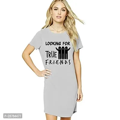 Stylish Grey Cotton Blend Printed Round Neck T-shirt Dress For Women