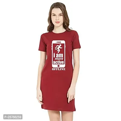 Stylish Red Cotton Blend Printed T-shirt Dress For Women