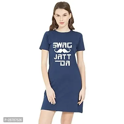 Stylish Navy Blue Cotton Blend Printed T-shirt Dress For Women