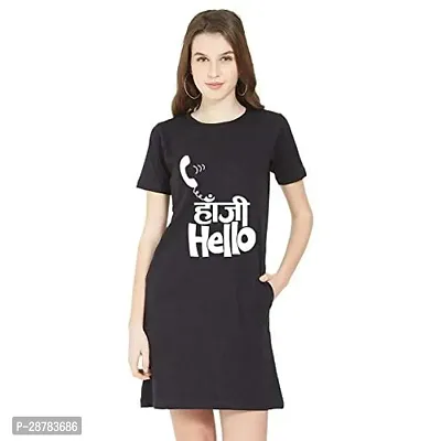 Stylish Black Cotton Blend Printed Round Neck T-shirt Dress For Women