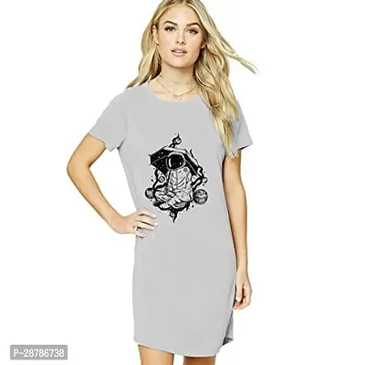 Stylish Grey Cotton Blend Printed T-shirt Dress For Women