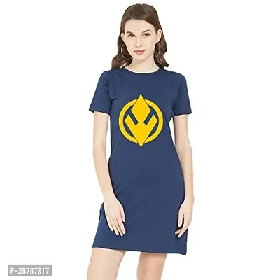 Stylish Navy Blue Cotton Blend Printed T-shirt Dress For Women