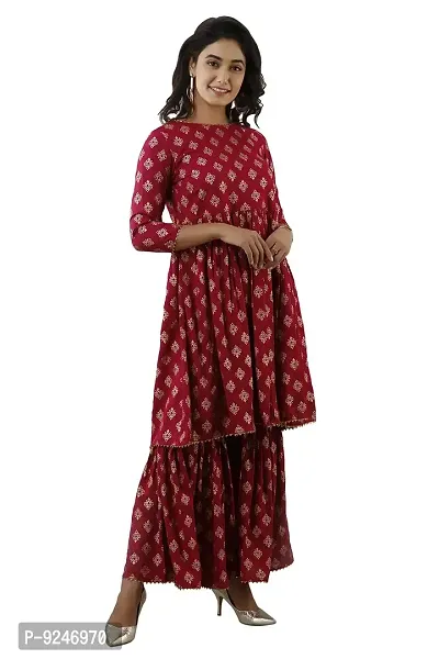 JAIPUR VASTRA Women's Rayon Gold Print Gathered Kurta With Garara Set (Maroon)-thumb2