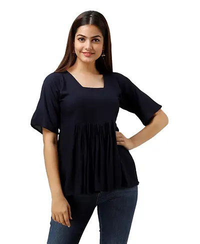 JAIPUR VASTRA Women's Rayon Solid Western Top (NavyBlue)