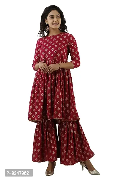 JAIPUR VASTRA Women's Rayon Gold Print Gathered Kurta With Garara Set (Maroon)-thumb5