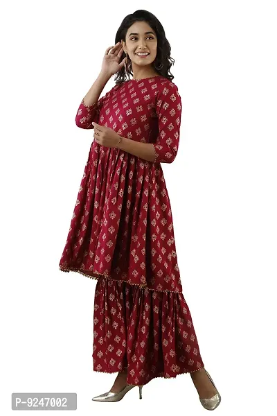 JAIPUR VASTRA Women's Rayon Gold Print Gathered Kurta With Garara Set (Maroon)-thumb4