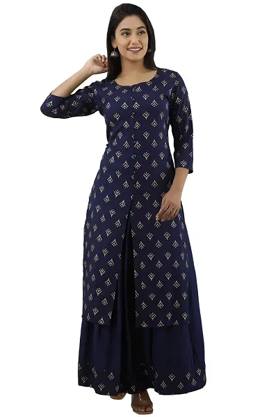 JAIPUR VASTRA Women's Rayon Print Front Slit Straight Kurta with Skirt Set