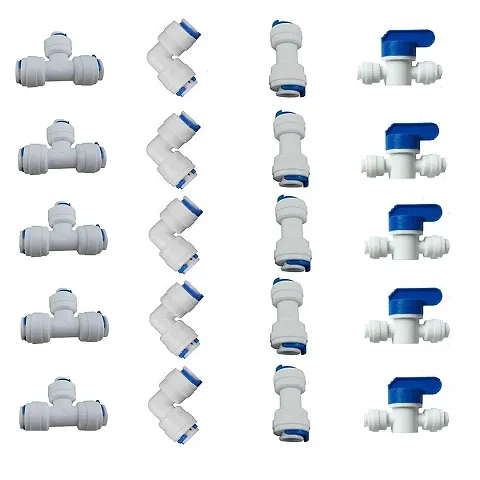 AQUALIQUID RO Plastic 1/4"" OD Quick Connect Push in to Connect for RO Water Reverse Osmosis System Water Tube Fitting Set of 20 (Ball Valve+T+I+L Elbow Connector) For Water Purifier (White)