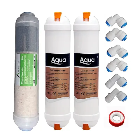 AQUALIQUID RO Aqua Inline Pre Carbon & Sediment Filter Taflon and Multistage Antioxidant Alkaline Antibacterial Ro 8 inch Mineral Cartridge with 6 Pcs Connectors