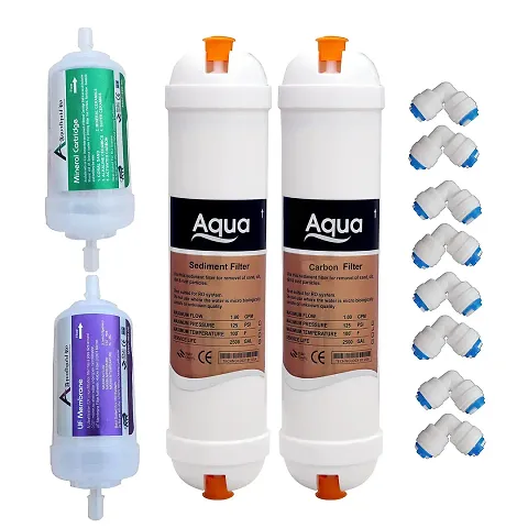 AQUALIQUID RO Aqua Carbon Filter+ Sediment Filter + 4"" inch UF Membrane Filter Fiber 0.001 Micron + 4"" Inch Mineral Cartridge 8 pcs push fit Elbow Suitable for RO Water Purifier Solid Filter Cartridge