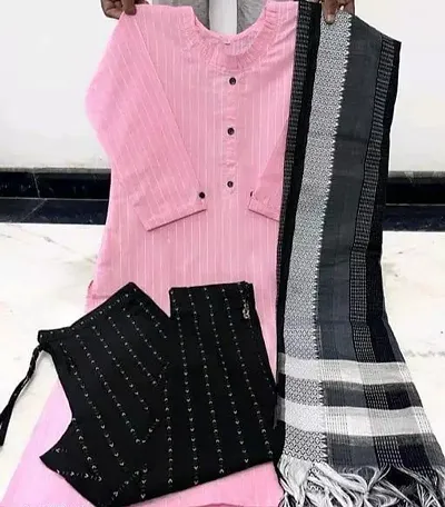 Stylish Women Cotton Kurta, Bottom And Dupatta Set