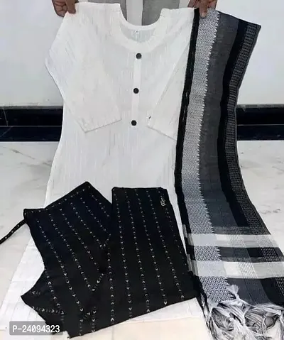 Elegant Self Design Khadi Cotton Kurta with Pant And Dupatta Set For Women-thumb0