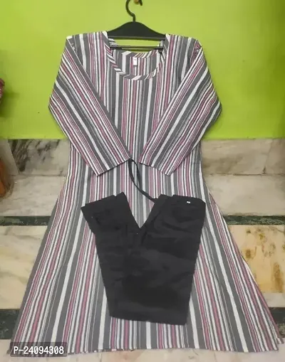 Elegant Striped Khadi Cotton Kurta with Pant Set For Women-thumb0