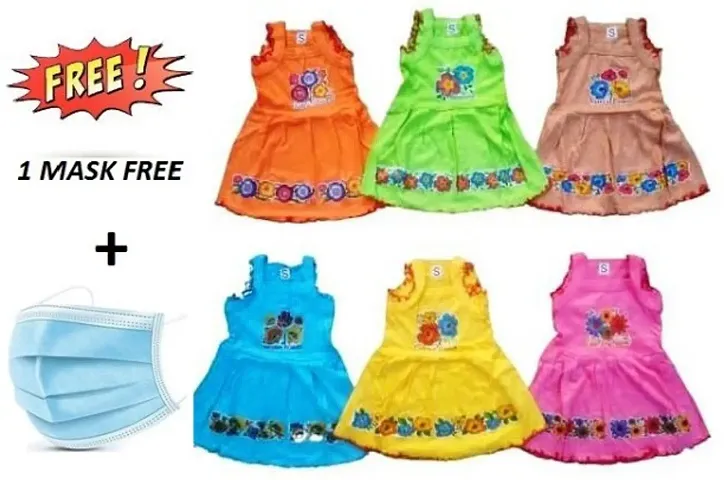 Pack Of 6 Girls Printed Sleeveless Frock With Free Mask