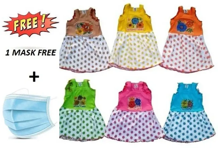 Pack Of 6 Girls Printed Sleeveless Frock With Free Mask