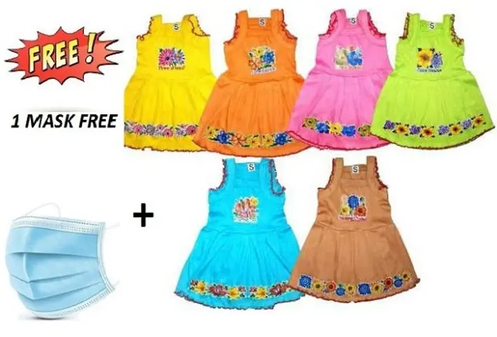 Pack Of 6 Girls Printed Sleeveless Frock With Free Mask