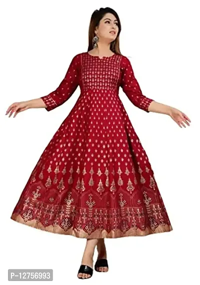 VMS Fashion Women Gold Printed Rayon Anarkali Flared Gown (Large, Maroon)