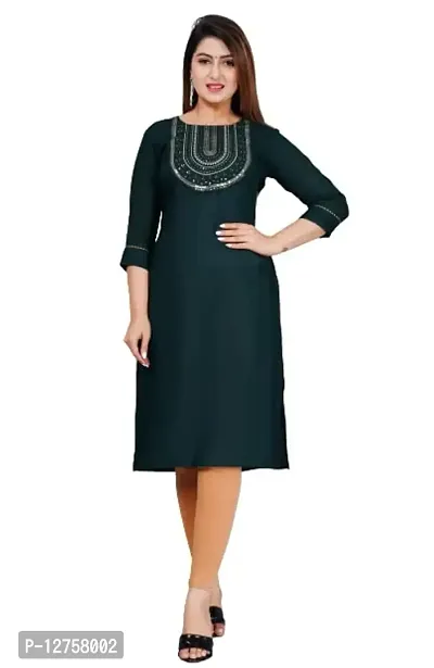 VMS Fashion Solid Embroidered Straight Kurti (Large, Green)-thumb0