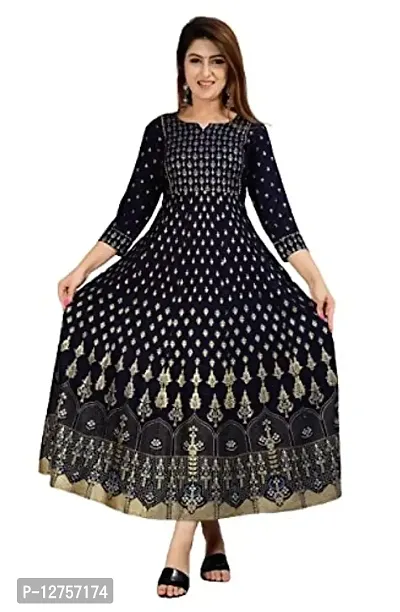 VMS Fashion Women Gold Printed Rayon Anarkali Flared Gown (Large, Blue)