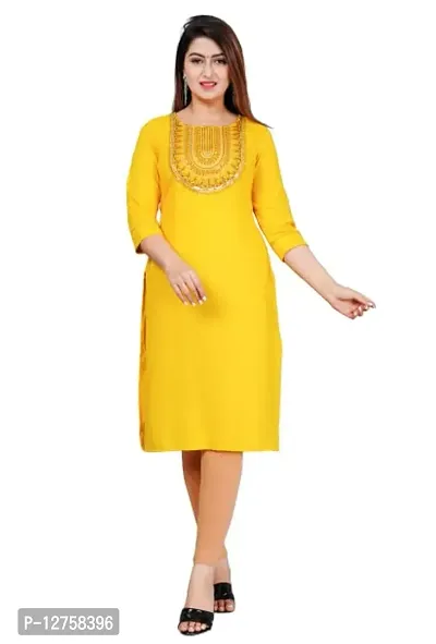VMS Fashion Solid Embroidered Straight Kurti (Small, Yellow)