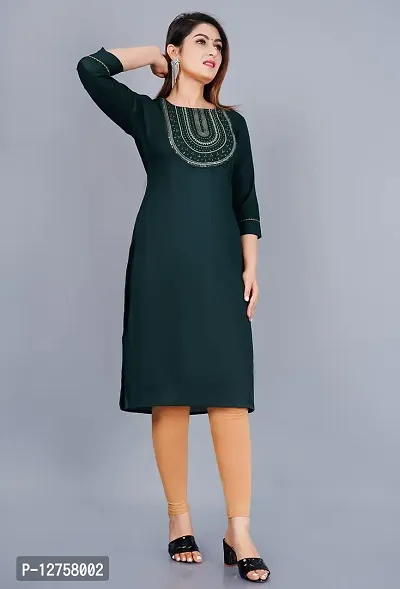 VMS Fashion Solid Embroidered Straight Kurti (Large, Green)-thumb3