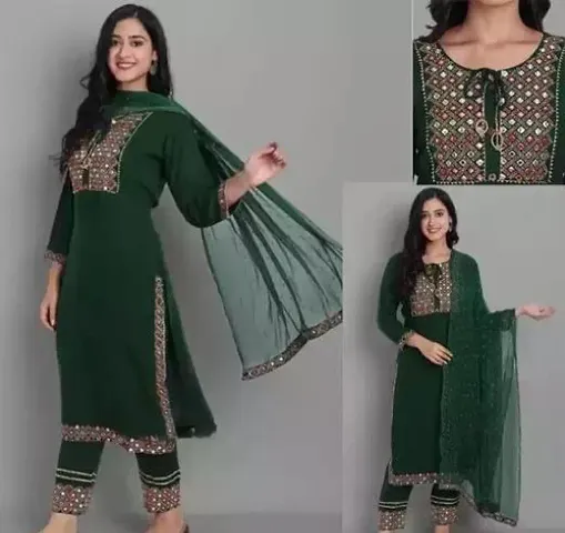 Women Embroidered Fashionable Mirror Work Kurta, Pant and Dupatta Set for Wedding, Party Festivals