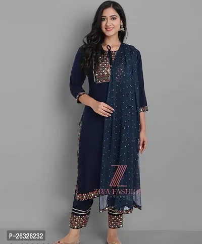 Women Embroidered Fashionable Mirror Work Kurta, Pant And Dupatta Set For Wedding, Party And Festivals-thumb0