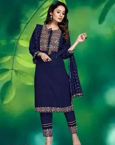 Women Embroidered Fashionable Mirror Work Kurta, Pant and Dupatta Set for Wedding, Party Festivals