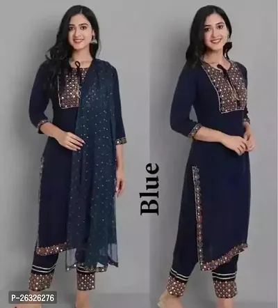 Women Embroidered Fashionable Mirror Work Kurta, Pant And Dupatta Set For Wedding, Party And Festivals-thumb0