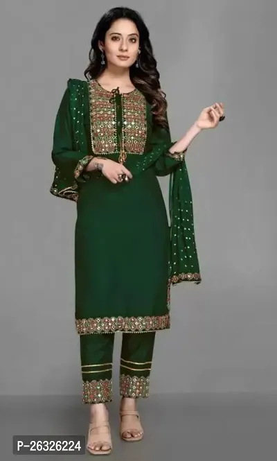 Women Embroidered Fashionable Mirror Work Kurta, Pant And Dupatta Set For Wedding, Party And Festivals-thumb0