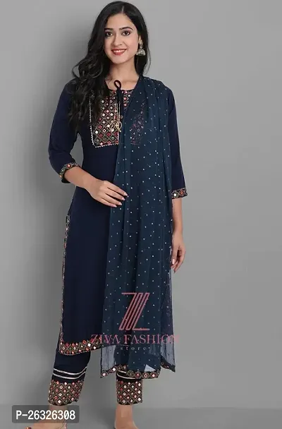 Women Embroidered Fashionable Mirror Work Kurta, Pant And Dupatta Set For Wedding, Party And Festivals-thumb0