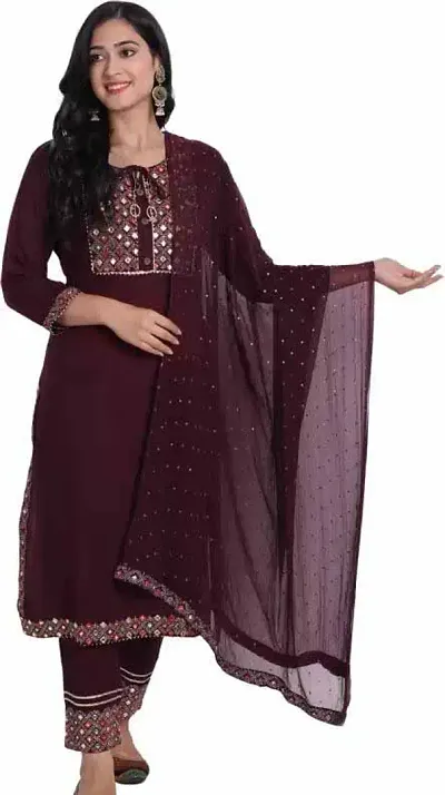 Women Embroidered Fashionable Mirror Work Kurta, Pant And Dupatta Set For Wedding, Party And Festivals