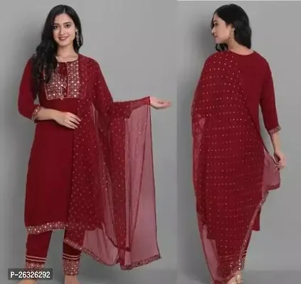 Women Embroidered Fashionable Mirror Work Kurta, Pant And Dupatta Set For Wedding, Party And Festivals-thumb0