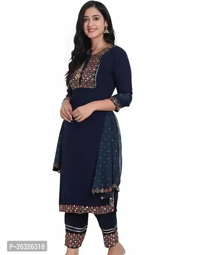 Women Embroidered Fashionable Mirror Work Kurta, Pant And Dupatta Set For Wedding, Party And Festivals-thumb0