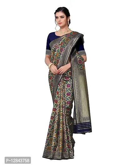 Shiv Textiles Women Banarasi Floral Zari Woven Design Silk Blend Saree with Un-Stitched Blouse Piece Heavy Pallu Sari For Home Festival Wedding Party and Daily House Wear - Navy Blue-thumb4