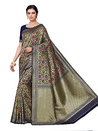 Shiv Textiles Women Banarasi Floral Zari Woven Design Silk Blend Saree with Un-Stitched Blouse Piece Heavy Pallu Sari For Home Festival Wedding Party and Daily House Wear - Navy Blue-thumb1