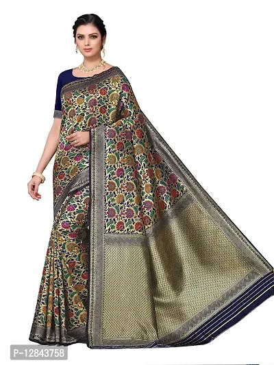 Shiv Textiles Women Banarasi Floral Zari Woven Design Silk Blend Saree with Un-Stitched Blouse Piece Heavy Pallu Sari For Home Festival Wedding Party and Daily House Wear - Navy Blue-thumb2