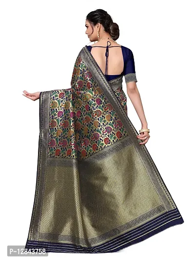 Shiv Textiles Women Banarasi Floral Zari Woven Design Silk Blend Saree with Un-Stitched Blouse Piece Heavy Pallu Sari For Home Festival Wedding Party and Daily House Wear - Navy Blue-thumb5