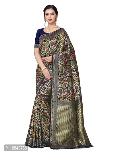 Shiv Textiles Women Banarasi Floral Zari Woven Design Silk Blend Saree with Un-Stitched Blouse Piece Heavy Pallu Sari For Home Festival Wedding Party and Daily House Wear - Navy Blue